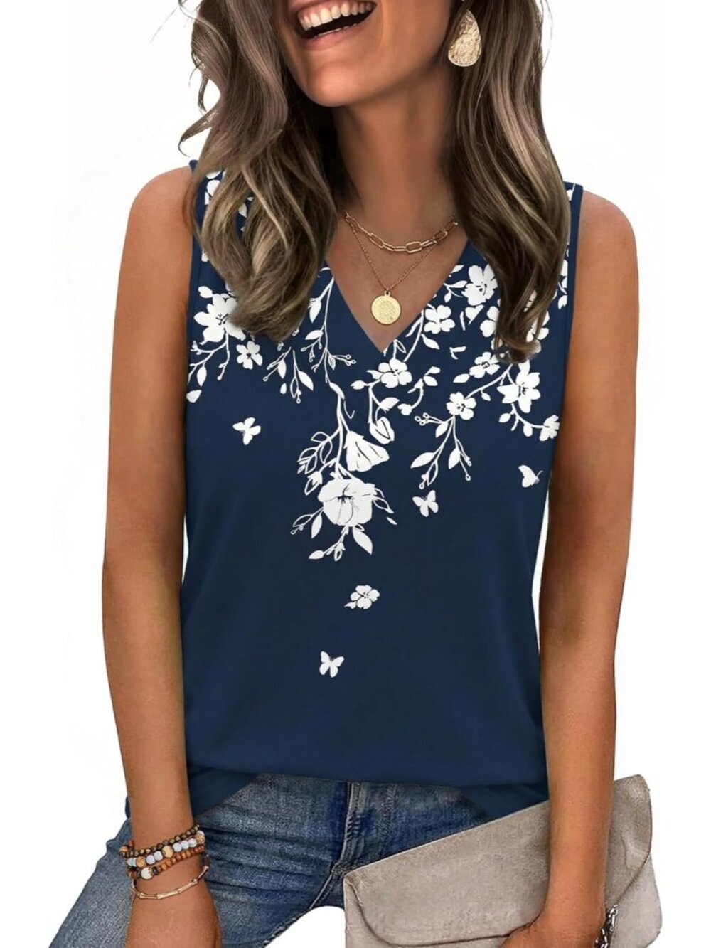Women's Spring Summer V Neck Blue Sf103 Loose Fit Sleeveless Tops Beach